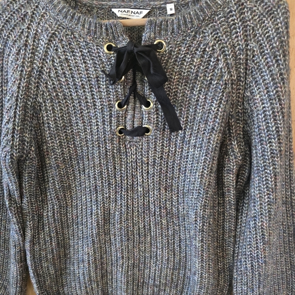 Naf Naf Knit Sweater Women Size M Pullover Long Sleeve Cozy Gray  Black Tie Fron - Picture 6 of 10